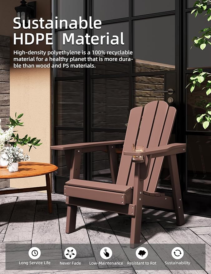 Adirondack Chair - Durable HDPE Poly Lumber All-Weather Resistant, Oversized Balcony Porch Patio Outdoor Chair for Lawn, Backyard, Deck, Garden, Camping - Easy Installation, Teak