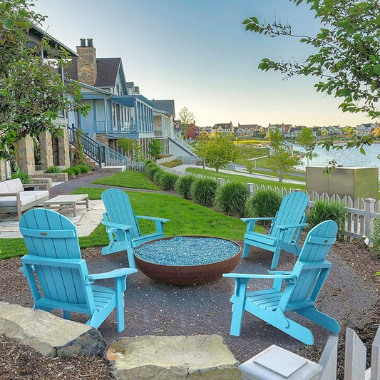 Folding Adirondack Chairs Set of 2, All Weather Resistant Plastic Chairs with Cup Holder, Fold or Unfold Easily in 1 Second, Outdoor Chairs for Patio, Garden, Backyard Deck, Lawn Fire Pit(Lake Blue)