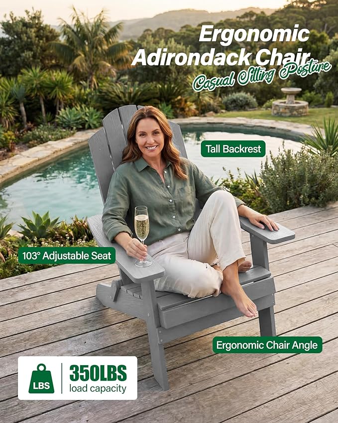 MXIMU Folding Adirondack Chair for Outdoor: Easy to Assemble and Comfortable Adirondack Chairs Set of 2 - All Weather Composite Plastic Chair for Outside Fire Pit Patio Lawn Garden Backyard Use(Grey)