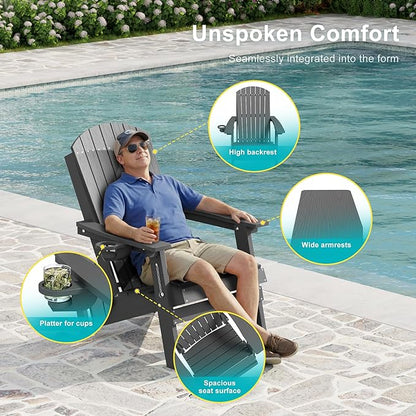 HDPE Foldable Adirondack Outdoor Chair Set of 2 with Cup Holder, Weather Resistant Heavy-Duty Patio Chair for Patio, Backyard, Deck, Fire Pit, Lawn and Porch, Grey