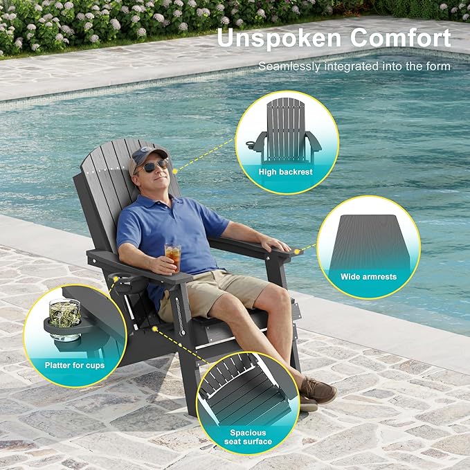 HDPE Foldable Adirondack Outdoor Chair Set of 4 with Cup Holder, Weather Resistant Heavy-Duty Patio Chair for Patio, Backyard, Deck, Fire Pit, Lawn and Porch, Grey