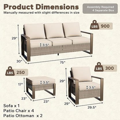 7 Pieces Metal Wicker Patio Furniture Set - 75" Sofa, Four Armchairs and Two Ottomans, All Weather Rattan Outdoor Conversation Furniture with Washable Cushion for Deck Porch, Beige