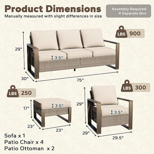 7 Pieces Metal Wicker Patio Furniture Set - 75" Sofa, Four Armchairs and Two Ottomans, All Weather Rattan Outdoor Conversation Furniture with Washable Cushion for Deck Porch, Beige