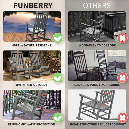 FUNBERRY Outdoor Rocking Chairs, HDPE All Weather Poly Lumber Rocker, High Back Patio Rockers Easy Assembly