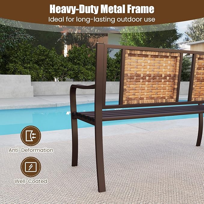 Tangkula Patio Garden Bench with Wicker Backrest, Outdoor Park Bench Chair with Powder Coated Steel Frame, Bench Loveseat for Outdoor Garden, Backyard, Lawn, Porch, Path, Deck