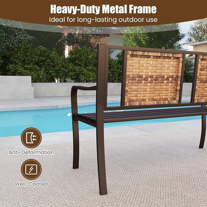 Tangkula Patio Garden Bench with Wicker Backrest, Outdoor Park Bench Chair with Powder Coated Steel Frame, Bench Loveseat for Outdoor Garden, Backyard, Lawn, Porch, Path, Deck