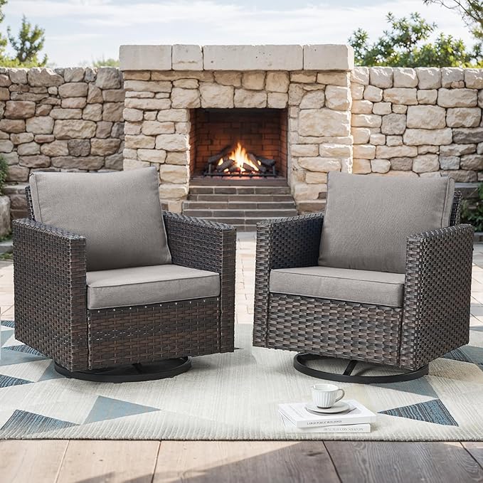 Outdoor Patio Swivel Rocker Chairs - Single Wicker Patio Swivel Rocking Chair with Waterproof Wicker,Comfortable Cushions and Sturdy Metal Frame for Outside Porch Deck Backyard(Brown/Grey/1PC)