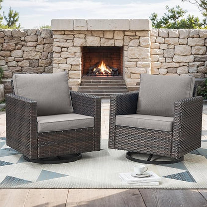 Outdoor Patio Swivel Rocker Chairs - Single Wicker Patio Swivel Rocking Chair with Waterproof Wicker,Comfortable Cushions and Sturdy Metal Frame for Outside Porch Deck Backyard(Brown/Grey/1PC)