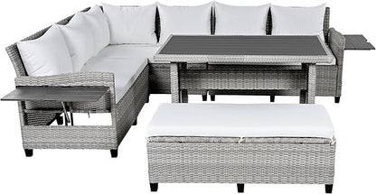 Merax Patio Furniture Sets Outdoor, All Weather Sectional PE Rattan Sofa with 2 Extendable Side Tables, Dining Table and Bench, White