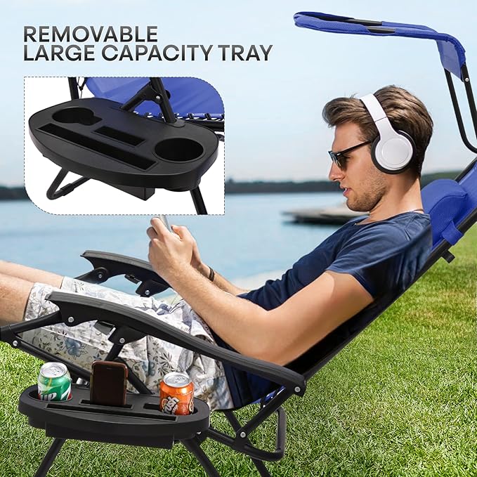 Athena Collection Folding Zero Gravity Chair with Canopy, Adjustable Lounge Chair Recliner, Outdoor Lawn Chair Camping Chairs Beach Chaise Chairs with Headrest & Cup Holder for Patio Pool, Blue