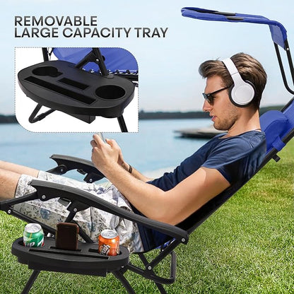 Athena Collection Folding Zero Gravity Chair with Canopy, Adjustable Lounge Chair Recliner, Outdoor Lawn Chair Camping Chairs Beach Chaise Chairs with Headrest & Cup Holder for Patio Pool, Blue