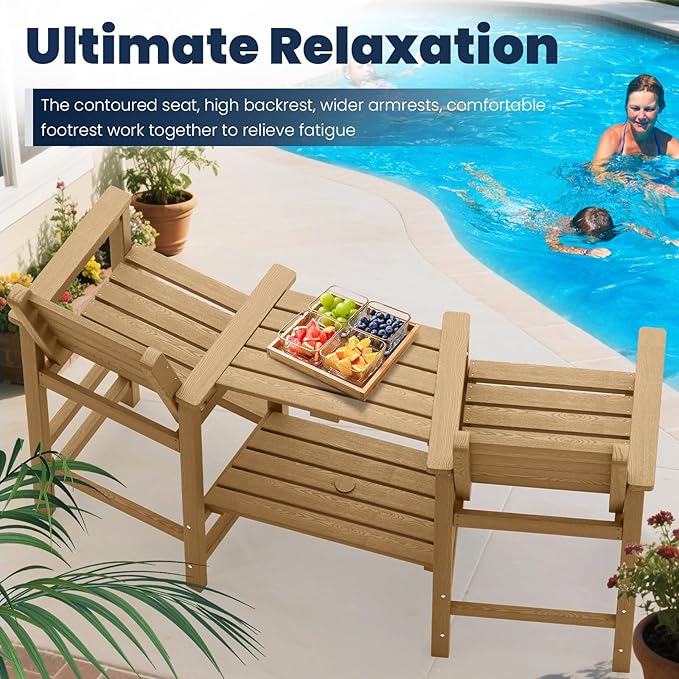 PLUUV Tall Adirondack Chairs Set of 2, All Weather HDPE Poly Bar Height Balcony Adirondack Chair with Removable Double Connecting Trays, Outdoor Adirondack Barstools for Deck, Patio, Yard, Pool, Lawn