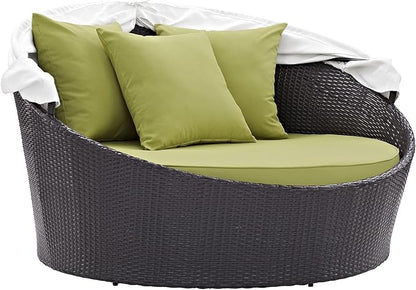 Modway Convene Wicker Rattan Outdoor Patio Retractable Canopy Round Poolside Sofa Daybed in Espresso Peridot
