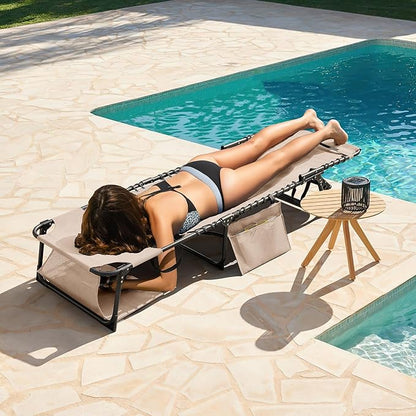 Greesum Chaise Lounge Folding Tanning Chair with 5 Position Adjustable Back, Detachable Pillow & Pocket for Outside Pool, Beach, Sunbathing, Beige w/Face Hole