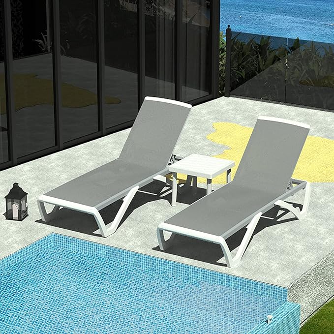Domi Patio Chaise Lounge Chair Set of 3, Outdoor Aluminum Polypropylene Sunbathing Chair with Adjustable Backrest, Arm - Photo 1