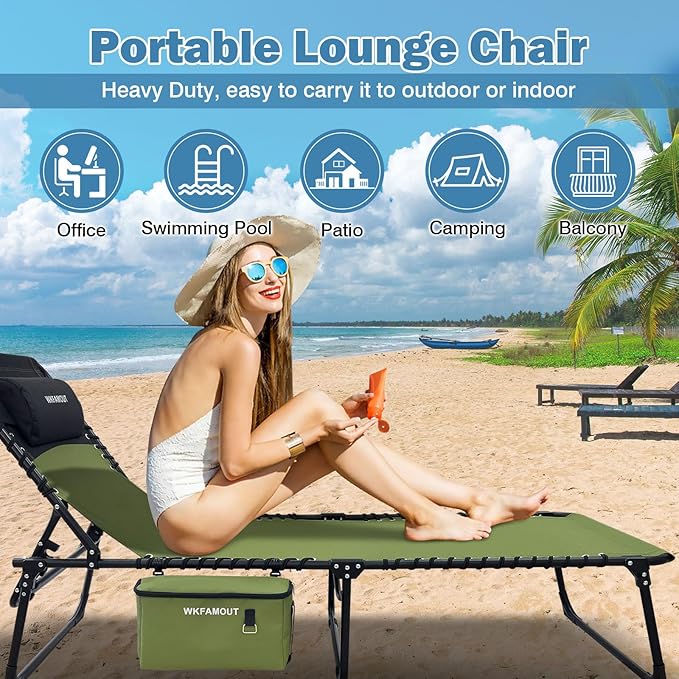 Folding Lounge Chair Outdoor with Insulated Cooler Bag Portable for Outside Patio Chaise Lounge Chair 5-Position with - Photo 6