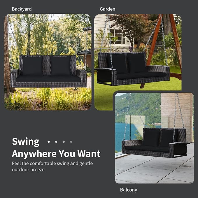 RELAX4LIFE Porch Swing 2-Seat Patio Rattan, Wicker Porch Swings Outdoor W/Two 7.9 Ft Solid Steel Chain - Photo 9