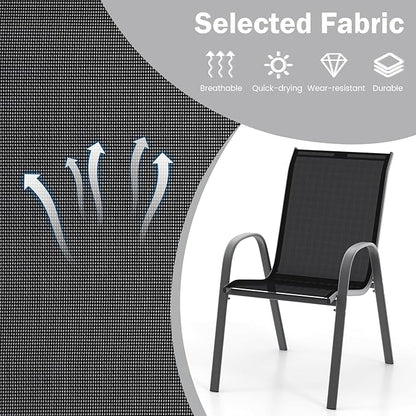 COSTWAY Patio Dining Chairs Set of 4, Stackable Outdoor Chairs with Armrest and High Back, Breathable Fabric & Metal Frame Chair for Garden Poolside Backyard Deck (Black)