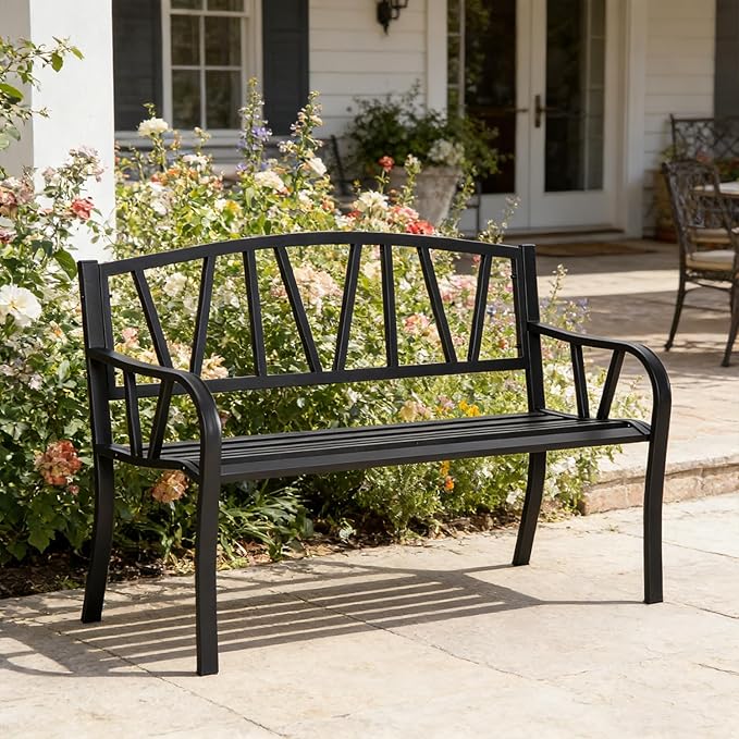 50" Metal Garden Benches for Outside, Front Porch Bench with Smooth Armrests, Patio Yard Benches with Slatted Seat for Outdoors Park/Entryway/Backyard (Black)