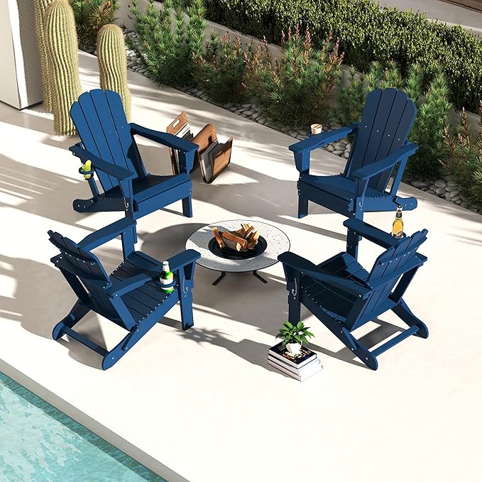 Domi Folding Adirondack Chair Set of 4, HDPE All-Weather Adirondack Chairs with Cup Holder, Outdoor Plastic Fire Pit Chairs Wood Texture for Poolside, Patio, Backyard, Deck (Blue)