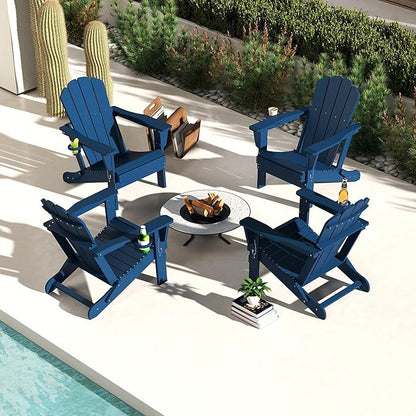 Domi Folding Adirondack Chair Set of 4, HDPE All-Weather Adirondack Chairs with Cup Holder, Outdoor Plastic Fire Pit Chairs Wood Texture for Poolside, Patio, Backyard, Deck (Blue)