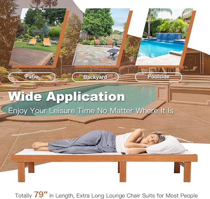 Tangkula Outdoor Wood Chaise Lounge Chair, Patio Chaise Lounger with 5-Position Adjustable Back, Eucalyptus Wood Reclining Lounge Chair with Breathable Fabric for Poolside Lawn Backyard (2, White)