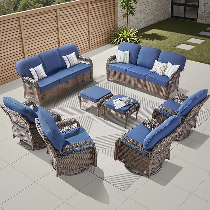 8 Pieces Wicker Patio Furniture Set, Wicker Swivel Rocker Patio Chairs 3 Seater Sofa with Ottomans Rattan Side Table - Photo 1