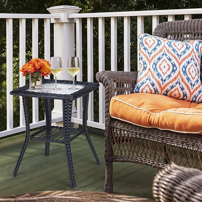 Outvita Outdoor Side Table, Patio Rattan Coffee Table Small End Table with Glass Tabletop and Storage Shelf for Patio Porch Backyard Balcony Living Room
