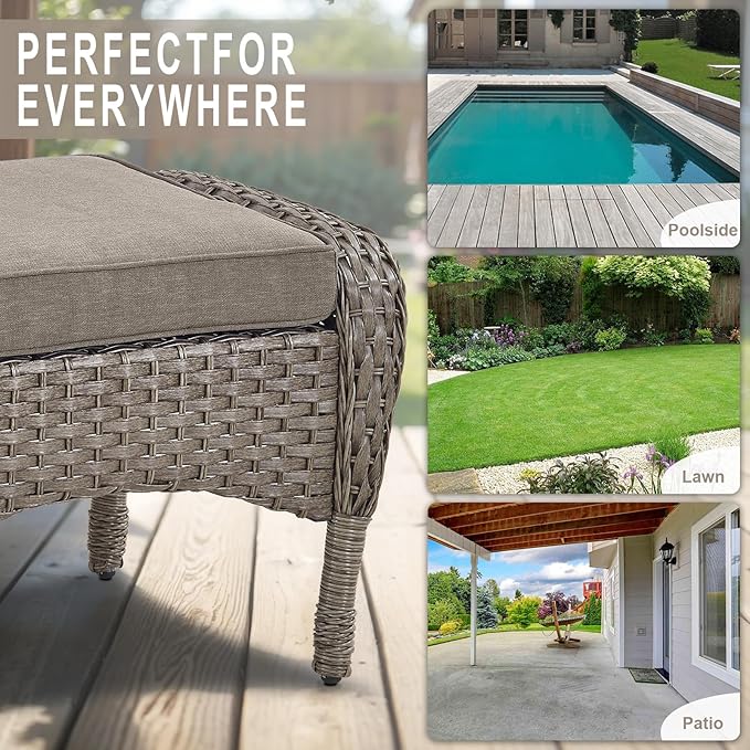 Belord Outdoor Ottomans for Patio Foot Rest - 25 Inch PE Wicker Foot Stool Set of 2 with Removable Cushions for Patio Furniture Sets,All Weather Rattan Ottoman for Balcony Deck Gray/Gray