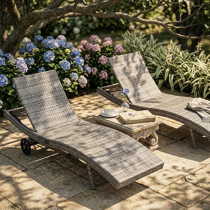 OVENTA Outdoor Wicker Patio Chaise Lounge Chair with Wheels Set of 4, Gray Rattan Pool Furniture Lounger for Outside Poolside Lounges, Jumbo Co Chaise Lounge Chairs, Wicker Patio Pool Furniture