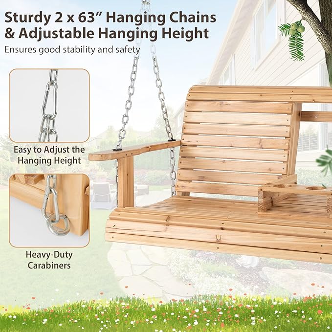 Tangkula 2 Person Hanging Porch Swing, Outdoor Bench Swing with Adjustable Chains, Foldable Cup Holders, High Back - Photo 8