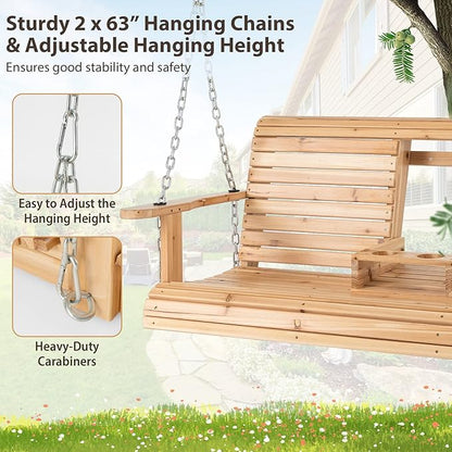 Tangkula 2 Person Hanging Porch Swing, Outdoor Bench Swing with Adjustable Chains, Foldable Cup Holders, High Back, Cozy Armrests, Wooden Hanging Swing Chair for Backyard Deck Garden Natural
