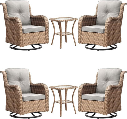 Rilyson Patio Chairs Wicker Outdoor Chair - 6 Piece Rattan Swivel Rocking Chairs Set Patio Glider Rocker Chair with Glass Top Side Table for Porch Deck Garden(Yellow/Beige)