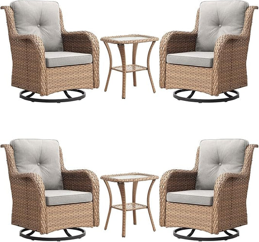 Rilyson Patio Chairs Wicker Outdoor Chair - 6 Piece Rattan Swivel Rocking Chairs Set Patio Glider Rocker Chair with Glass Top Side Table for Porch Deck Garden(Yellow/Beige)