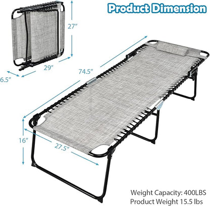 Tangkula Widen Folding Chaise Lounge Chair Set of 2, Portable Camping Recline Chair w/4 Backrest Positions, 2 Leg Positions, Sunbathing Beach Chair for Outdoor, Lawn, Patio, Support 400lbs (2, Grey)