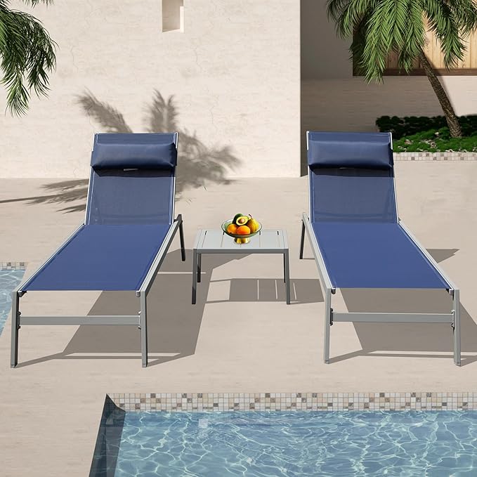 Domi Patio Chaise Lounge Set of 3, Aluminum Pool Lounge Chairs with Side Table - Photo 8