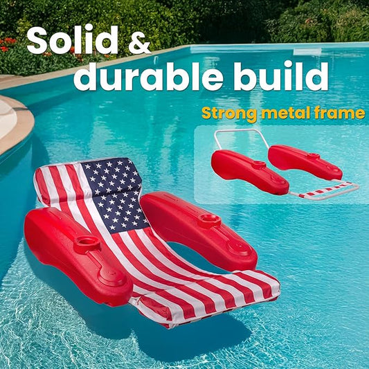 XtremepowerUS USA Patriotic Floating Chaise Pool Lounger Headrest Padded Large Lounge, Backrest, Footrest & Cupholder for Adults (American Flag)