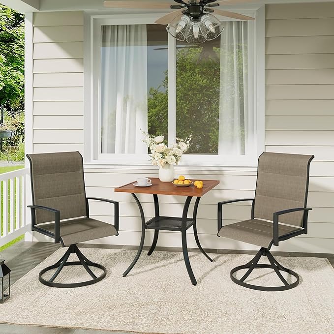 VICLLAX Patio Dining Table, Square Table Metal Outdoor Bistro Table with Rack for Balcony Garden Deck, 28inch Walnut