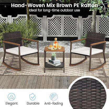 HAPPYGRILL 3 Piece Rocking Bistro Set, Outdoor PE Wicker Rocking Chair with Coffee Table, Soft Seat Cushions Included, Gentle & Smooth Rocking Furniture Set for Yard Porch