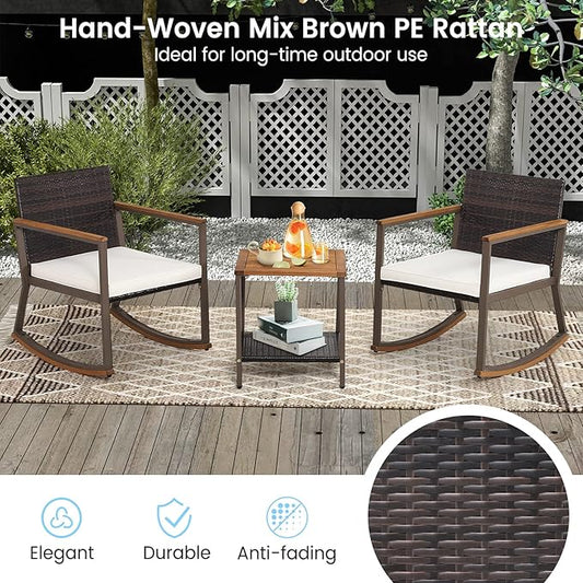 HAPPYGRILL 3 Piece Rocking Bistro Set, Outdoor PE Wicker Rocking Chair with Coffee Table, Soft Seat Cushions Included, Gentle & Smooth Rocking Furniture Set for Yard Porch