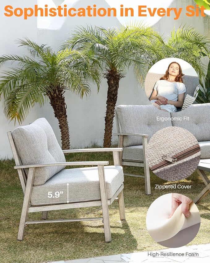 Aluminum Patio Furniture Set, 3 Pieces Outdoor Patio Bistro Set with Washable Thick Cushions, All Weather Outdoor Conversation Sets with Coffee Table for Backyard, Balcony, Lawn, White Oak