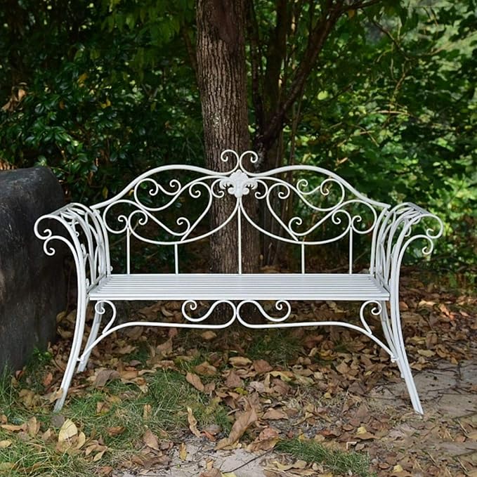Metal Garden Bench, Country Wrought Iron Double Chair Bench, Villa Garden Courtyard Decoration Leisure Chair, Park Outdoor Bench with Backrest White