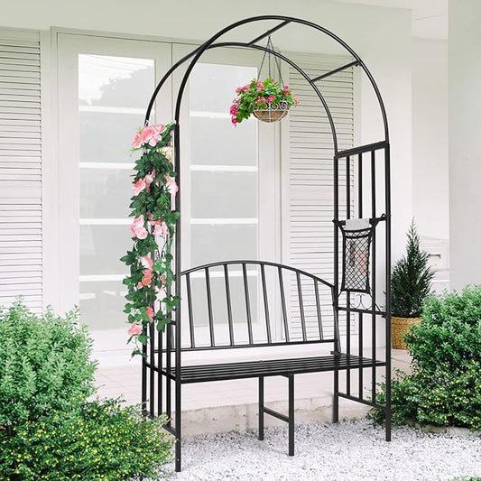 Garden Arch Heavy Duty Arbor with Bench Holds 660lbs Metal Arbor Archway for Climbing Plant & Two People Seat Bench Outdoor Lawn Backyard Decor, Black