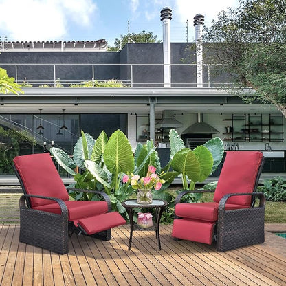 ATR ART TO REAL Outdoor Recliner, Set of 2 Wicker Reclining Chair with Coffee End Side Table, Aluminum Frame Patio Chaise Lounge Chairs with Thicken Cushions (Red)