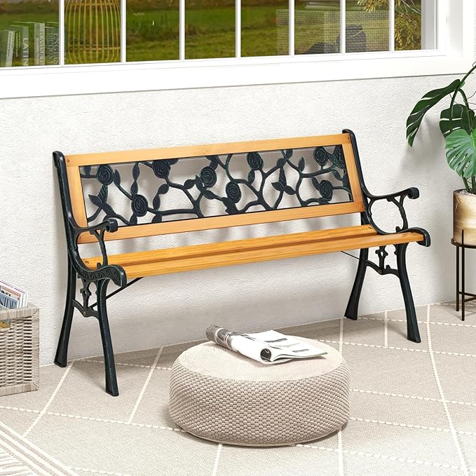 Tangkula Outdoor Garden Bench Park Bench, Patio Iron Bench Chair with Cast Iron & Hardwood Structure, Weather Proof Porch Loveseat, Perfect for Backyard, Deck, Lawn, Poolside