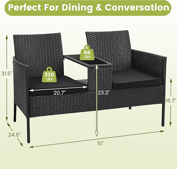 Kromax Wicker 2 Seat Patio Loveseat, Outdoor Rattan Loveseat with Table, Washable Cushion Covers, Backyard, Garden, Lawn, Black Rattan with Black Cushion