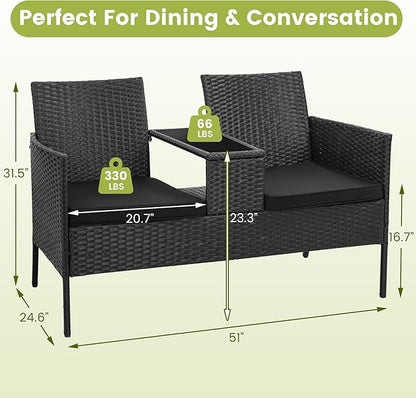 Kromax Wicker 2 Seat Patio Loveseat, Outdoor Rattan Loveseat with Table, Washable Cushion Covers, Backyard, Garden, Lawn, Black Rattan with Black Cushion
