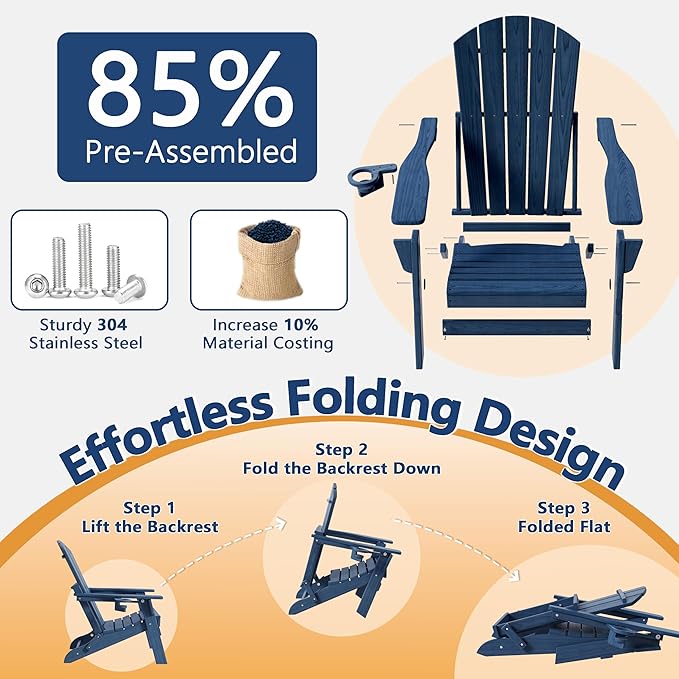 Adirondack Chair with Ottomans Set of 5, HDPE All-Weather Outdoor Footrest - Photo 3