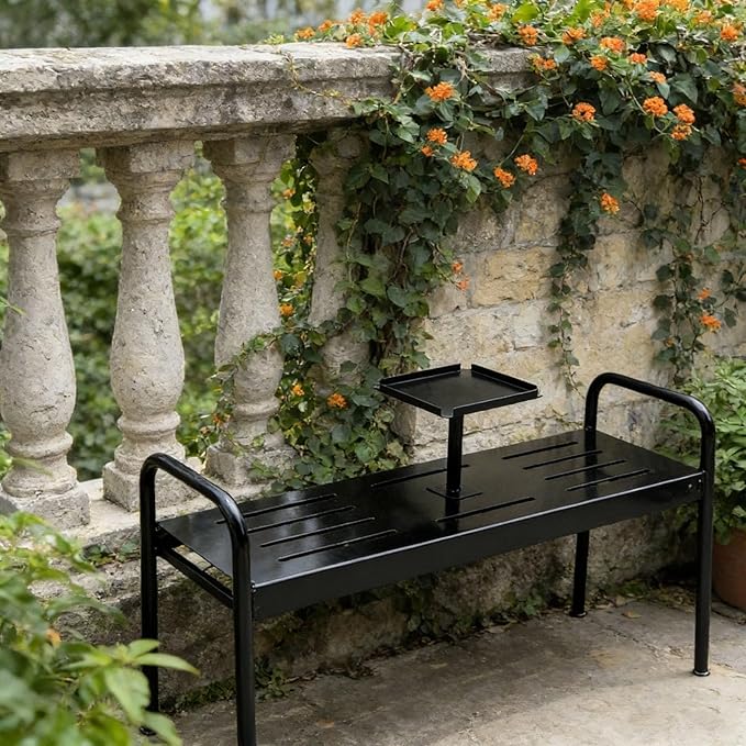 Modern Floor Patio Bench, 2-Person Metal Garden Bench Seat, Outdoor Benches Weatherproof with Built-in Small Table and Armrests, 120cm/47.2in Park Benches Outdoor Furniture(Black)