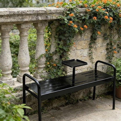 Modern Floor Patio Bench, 2-Person Metal Garden Bench Seat, Outdoor Benches Weatherproof with Built-in Small Table and Armrests, 120cm/47.2in Park Benches Outdoor Furniture(Black)
